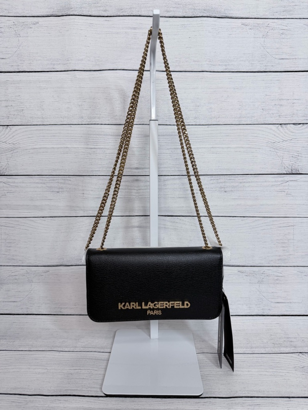 Karl Lagerfeld Black Leather Crossbody with Gold Chain